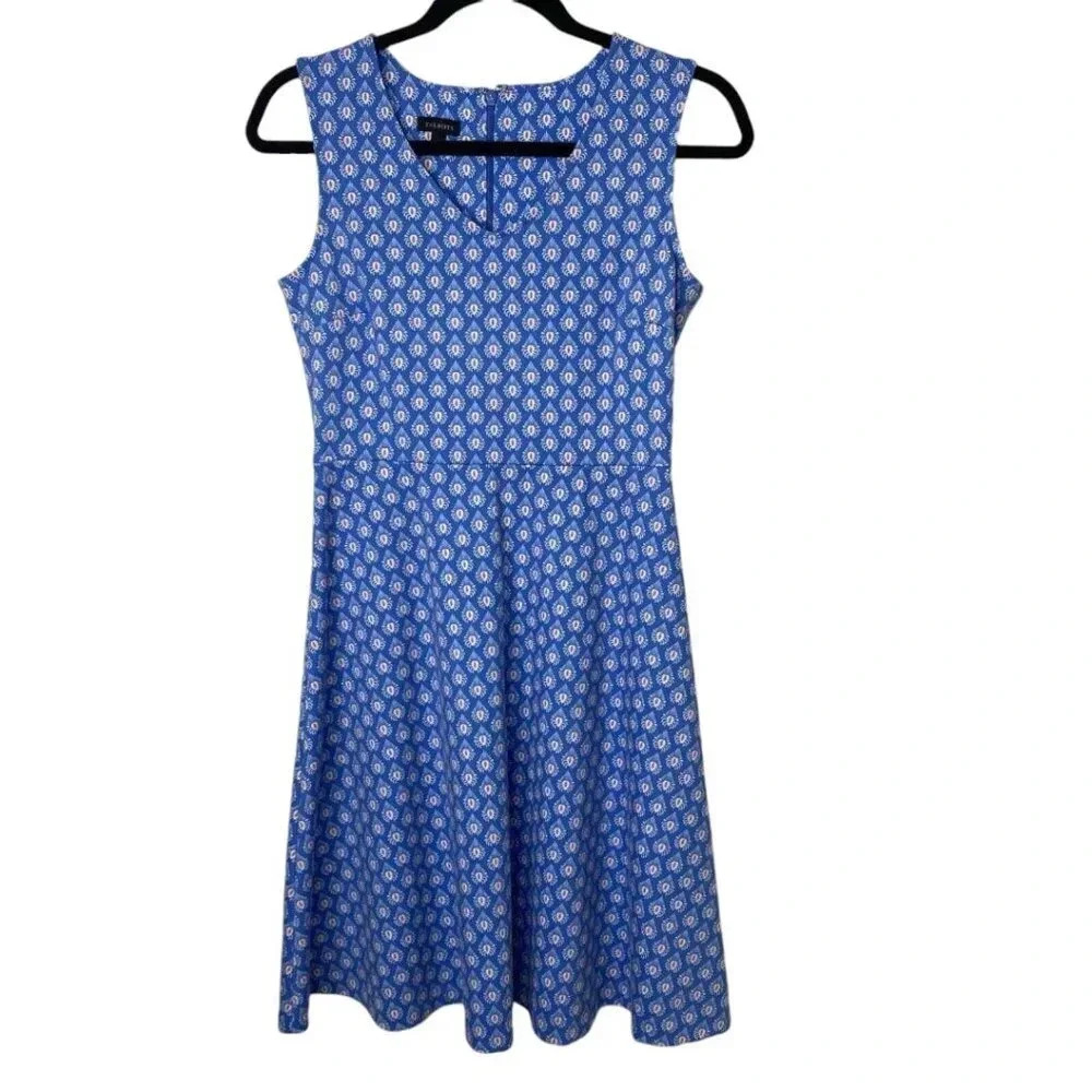 Talbots Womens Fit & Flare Blue Sleeveless Midi Printed V-Neck Dress Size Medium